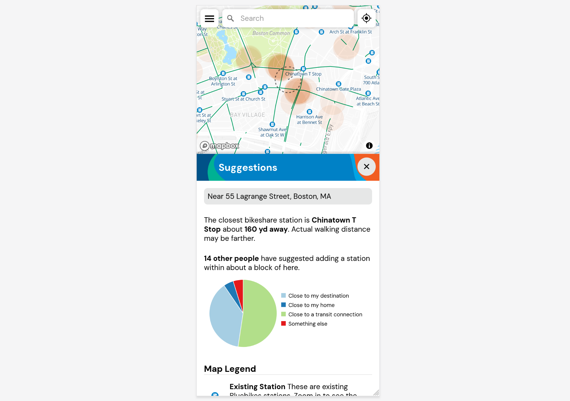 Screenshot of Lyft x Bluebikes Bikeshare Stations Suggestion Map