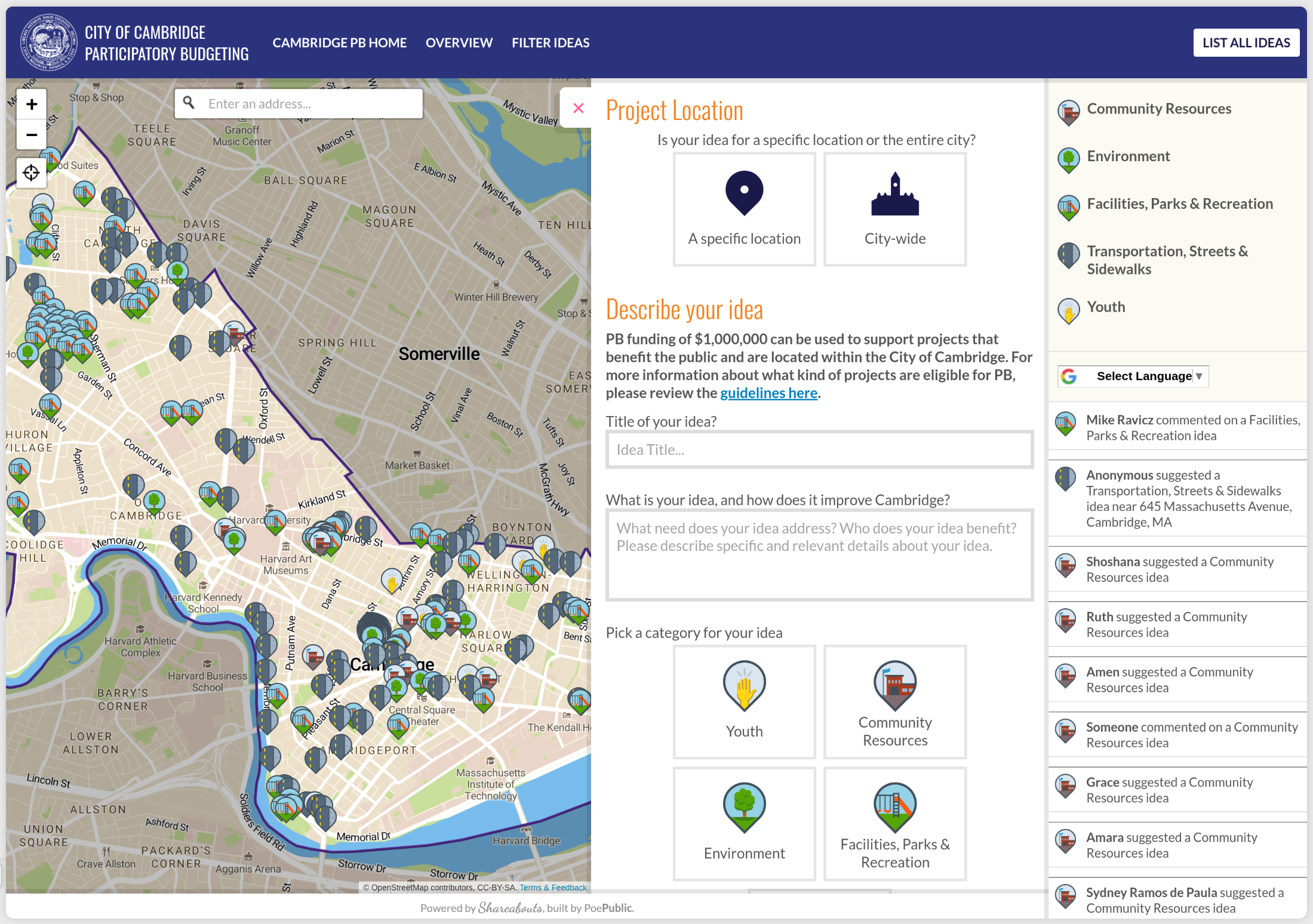 Screenshot of Participatory Budgeting Idea Collection Map